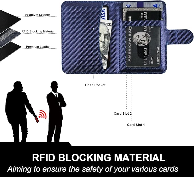 Bocasal for MagSafe Wallet Magnetic Card Holder, RFID Blocking Leather Card Slots for iPhone 17/16/15/14/13/12 Pro/Max/Plus/Air, Adjustable Kickstand Flip Mag Safe Wallet (Carbon Filber Blue)
