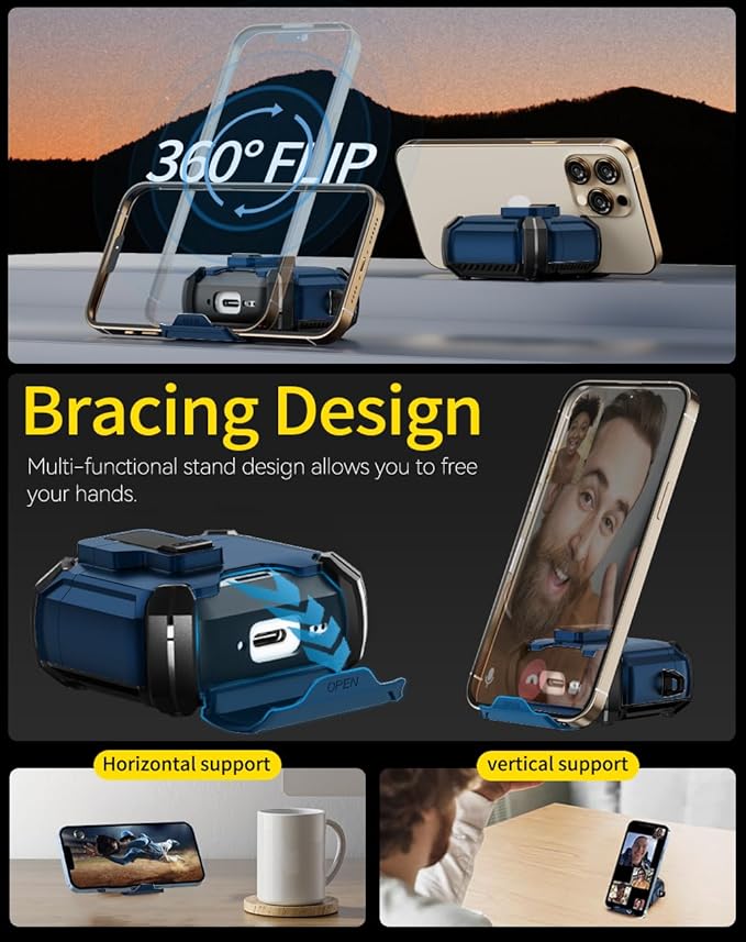 Compatible with AirPods 4 Case,Magnetic Automatic Lock with Phone Stand & Cleaning Kit,Compatible with Magsafe Cover -Blue