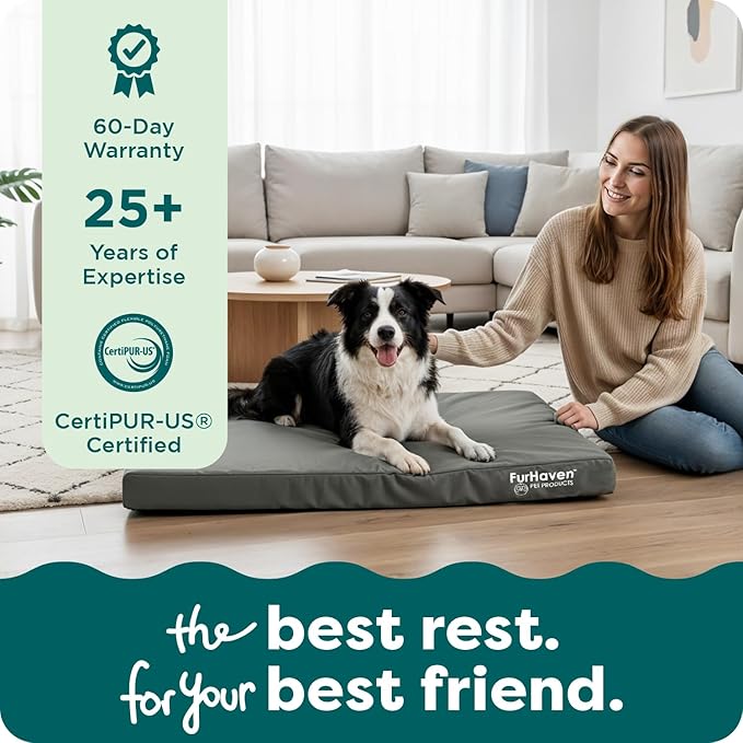 FurHaven Water-Resistant Orthopedic Dog Bed for Large Dogs, Oxford Polycanvas Mattress with Orthopedic Egg Crate Foam for Joint Support, Removable Washable Cover, Large, Stone Gray