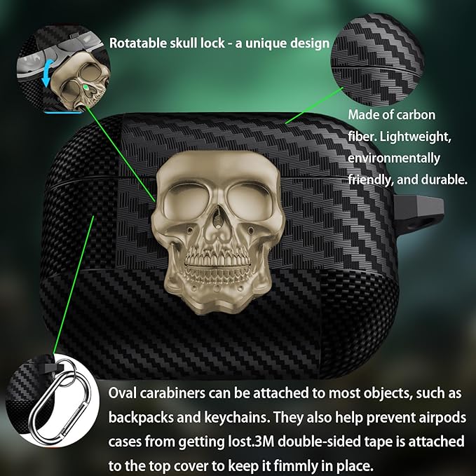 for Hard AirPods Pro 3 Case 2025|Funny 3D Skull Air Pods Pro 3 Case with Lock(Model A2700/A2931)|with Keychain|Halloween Cool Carbon Fiber Airpods 3 Pro Cases for Man Women(Gold)