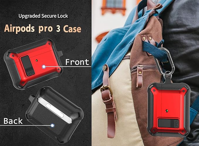 for Airpods Pro 3 Case with Lock Clip, Rugged Apple Airpods Pro 3rd Generation Cover 2025 Men Women, Armor Shockproof iPod Pro3 Gen Protective Hard Shell with Carabiner&Cleaner kit, Black/Red