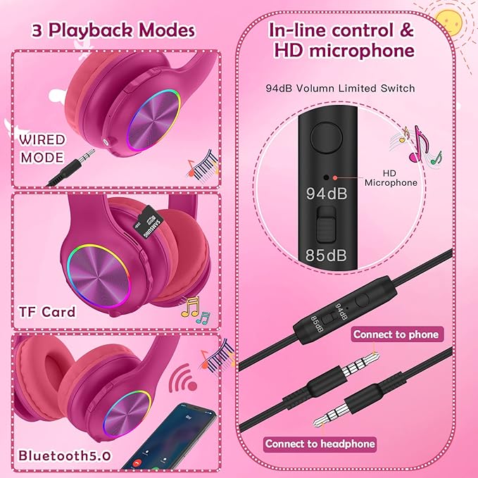 2024 Bluetooth Kids Headphones Fit for Aged 3-21, Colorful LED Lights Comfort Wireless Headphones with Microphone 94dB Volume Limited for School/iPad/PC/TV/Cellphones, Wired & TF Card Mode, Hot Red