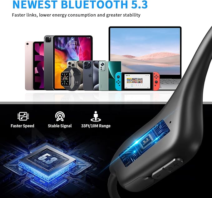 Bone Conduction Headphones Bluetooth, Open Ear Headphones Wireless Bluetooth with 6-10H Long Life Black