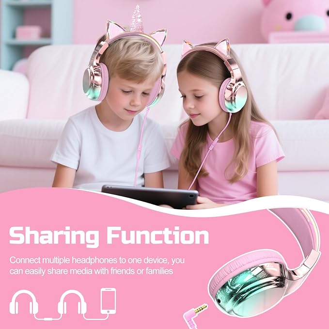 QearFun Kids Unicorn Headphones Wired with Mic, 85/94dB Safe Volume Limit, Sparkly Wired Headset, Foldable, Sharing Port & Tangle-Free Cord for School, Chromebook, Tablet, Travel, Boys & Girls