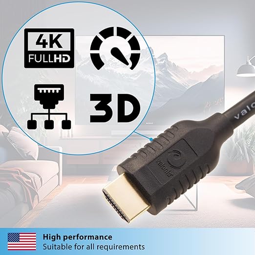 valonic HDMI Cable - 6.5 ft, 4k, Full HD, ARC, high Speed, Ultra HD, ethernet - for TV, PS4, Xbox, 30 AWG, Black