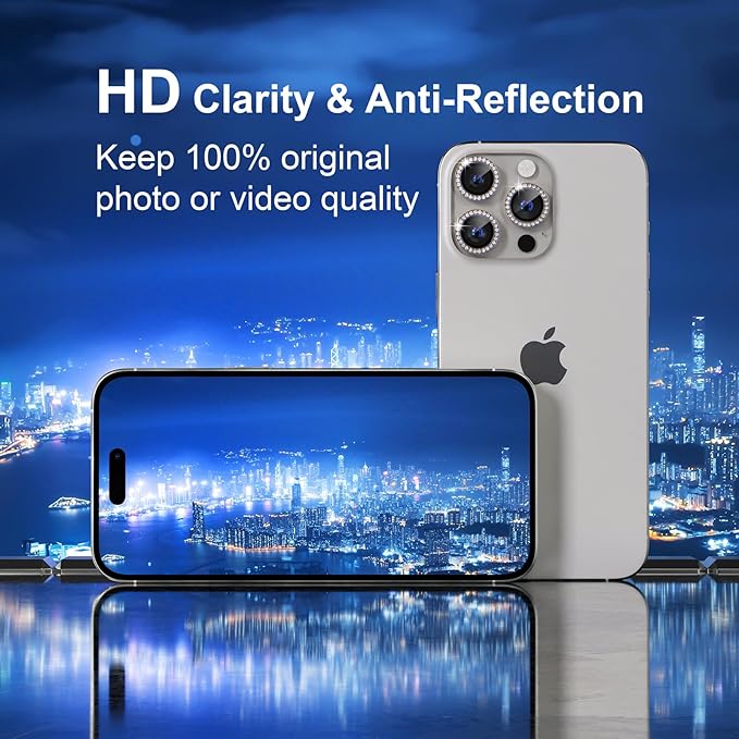 Misea Compatible for iPhone 16 Pro/iPhone 16 Pro Max Camera Lens Protector Bling, 9H Tempered Glass Camera Cover Screen Protector Metal Individual Ring Protector Accessories, Natural Titanium Diamond
