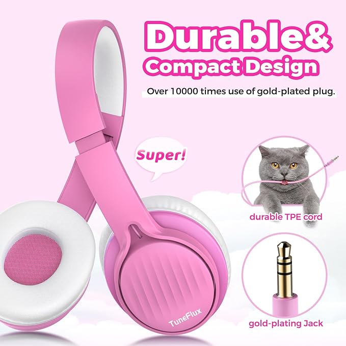 TuneFlux Upgraded Kids Headphones, Wired Toddler Headsets, 85dB Limited Volume On Ear Headphones, Portable Foldable Design, Stereo Sound Kids Headsets for School/Tablet/Travel-Pink