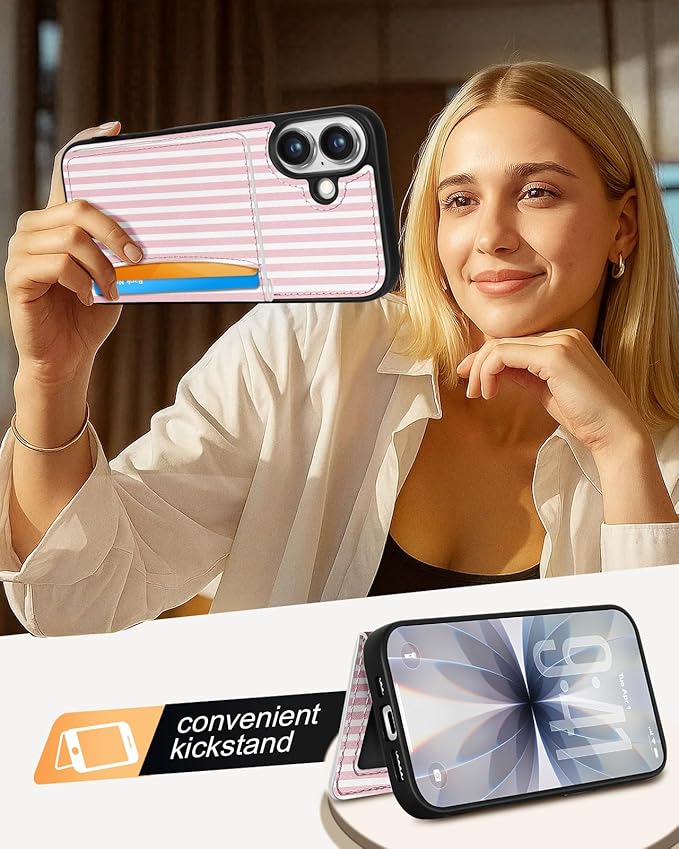 for iPhone 17 Case with Wallet - Fits 4 Card Slots, Compatible with MagSafe for Women Aesthetic Durable PU Leather Credit Card Holder Kickstand Phone Cover for Apple 17, Stripes