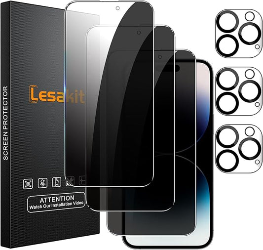 3+3 Pack Privacy Screen Protector for iPhone 14 Pro 6.1-Inch with 3 Pack Camera Lens Protector, Anti Spy Tempered Glass Film 9H Hardness Bubble Free Case Friendly
