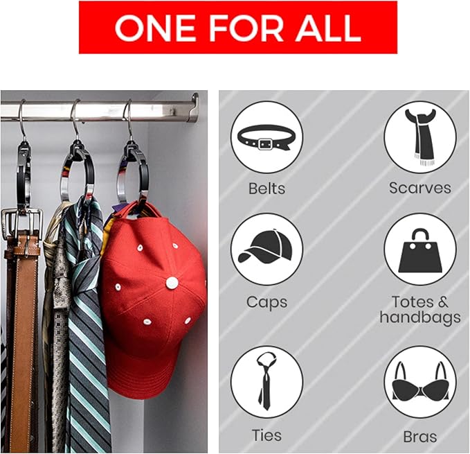 Multipurpose Closet Hangers- Tie and Belt Hanger for Closet- Great Space Saving Belt Organizer for Wardrobe - Ideal for Storing Belts, Ties, Scarfs, Baseball Hats, Purses & More- 2 Pack
