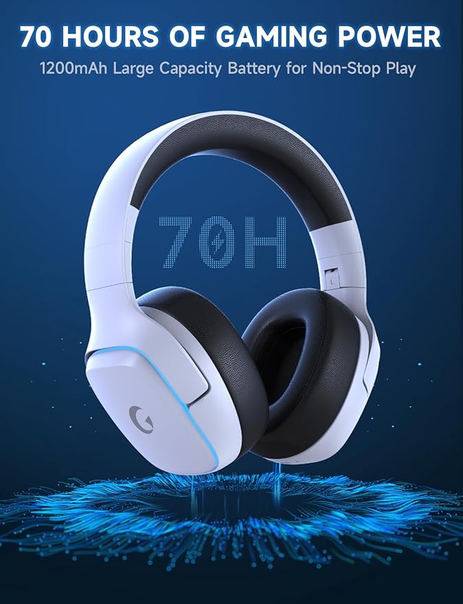 2.4GHz Wireless Gaming Headsets for PS5, PS4, PC, Switch - Bluetooth 5.3 Gaming Headphones with Noise Canceling Mic, 7.1 Surround Sound, 70H Battery, Blue Lighting - White