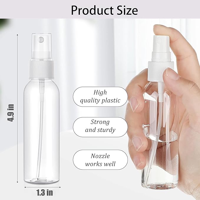 100 Pack 2 Oz Plastic Mini Spray Bottles with Refillable Mist Sprayer for Travel and Household Use for Perfume Essential Oils Cleaning (Clear)