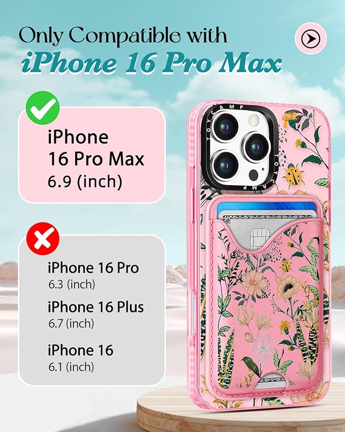 Toycamp for iPhone 16 Pro Max Case - Compatible with Magsafe Credit Card Holder Wallet Magnetic Cute Women Teen Girls Kawaii Girly Unique Plant Design Phone Cover for Apple 16 Promax 6.7"