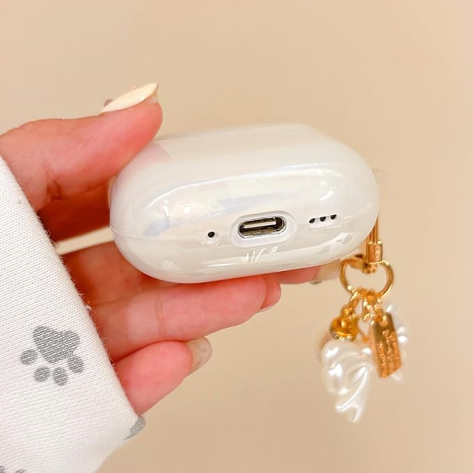 for Airpod 4 Case Cute Luxury Glitter Pearl Shell Protective Cover with Bowknot Keychain Compatible with AirPods 4th Generation Case 2024 for Girls Women (Bow Colorful)