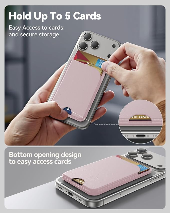 for MagSafe Wallet, 5 Cards Holder with Stand, Magnetic Phone Wallet Stand for iPhone 17/16/15/14/13/12 Pro Max Air Plus Series, RFID Blocking Vegan Leather,Pink