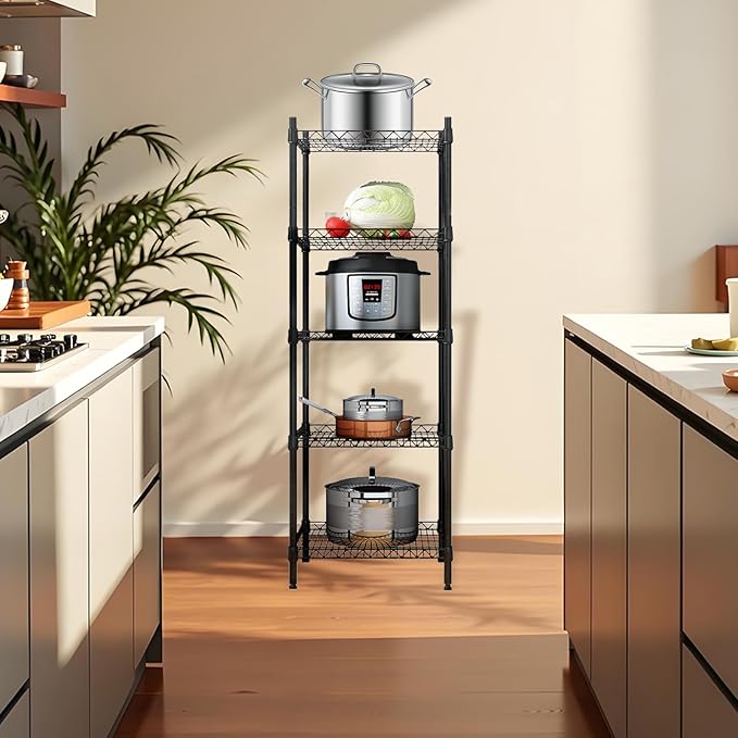 Heavy Duty Stainless Steel Kitchen Storage Rack, Adjustable Shelf Organizer with Non-Slip Mats, Black, for Cabinets, Countertops, Pantries (5-Tier Rack)