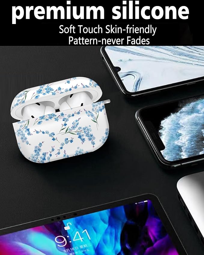Cute Hard Case Compatible with AirPods Pro 2nd/1st Generation, Protective Cover with Golden Keychain, Fits 2023/2022/2019 Models, for Women, Girls, and Men(Blue Flower