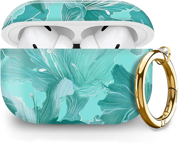 Cute Hard Case Compatible with AirPods Pro 2nd/1st Generation, Protective Cover with Golden Keychain, Fits 2023/2022/2019 Models, for Women, Girls, and Men(Cute Green Leaves)