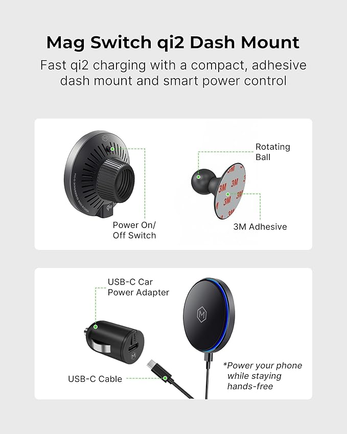 Mag Switch Qi2 Wireless Car Charger Small Dash Mount, 15W Fast Charger with Built in on/off Switch for smarter charging, Strong N52 Magnets, Compatible with iPhone 14/15/16/17, Iphone Air