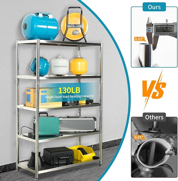 susunnus 5-Tier Stainless Steel Shelf, Heavy Duty Shelving for Kitchen, Garage, Industrial Storage, Kitchen Shelves Adjustable Feet, Easy to Clean (5T-35.8in*15.8in(Without guardrails))
