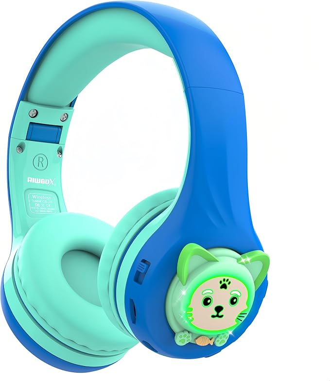 Riwbox CB-7S Kids Wireless Headphones,with Safe Volume Control 74/85/95dB,LED Glow Lights,50H Playtime,Bluetooth V5.3,Built-in Mic, TF Card Slot,for Travel/School/Phone/Laptop(Blue&Green)