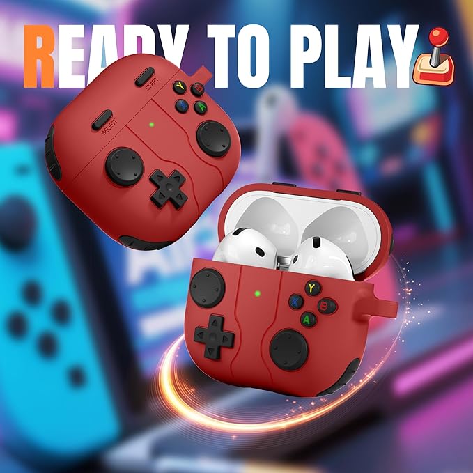 Getino for AirPods 4 2024 Case Cover with Cleaner Kit, Keychain,Compatible with Apple Airpods 4 Case Cover, Cute Funny Game Console Shock-Proof Protective Silicone AirPod 4 Case Covers for Men Boy-Red