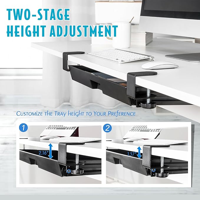 Two-stage height adjustment tray on a desk with text indicating customizable height.