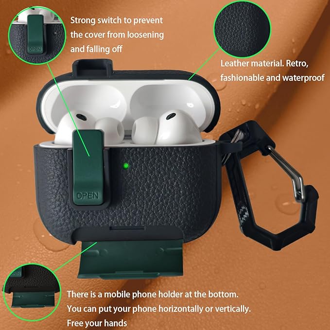 for Leather AirPods Pro 3 Case 2025| Cute Air Pods Pro 3 Case with Lock(Model A2700/A2931) | with Phone Holder & Keychain | Airpods 3 Pro Cases for Man Women(Green Black)