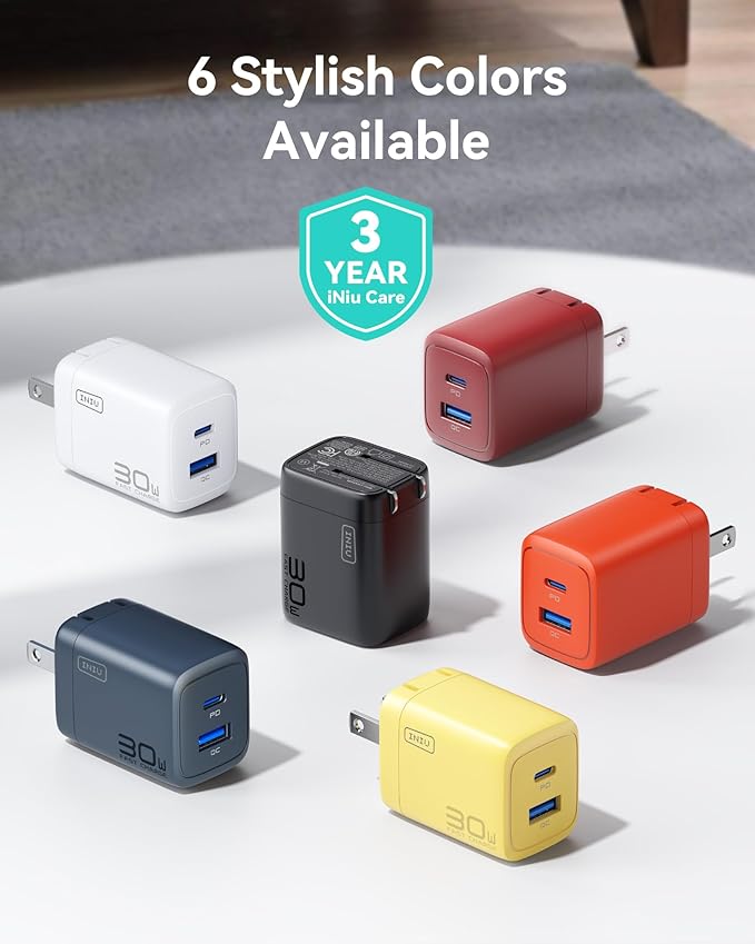 INIU Dual Port Fast Charger, 2-Pack 30W PD QC Type C Charging Block With 5ft USB-C Cable, Compact USB C Wall Charger With Foldable Plug for iPhone 17 16, Samsung S25 S24, Students, Kid, Emergency, Red