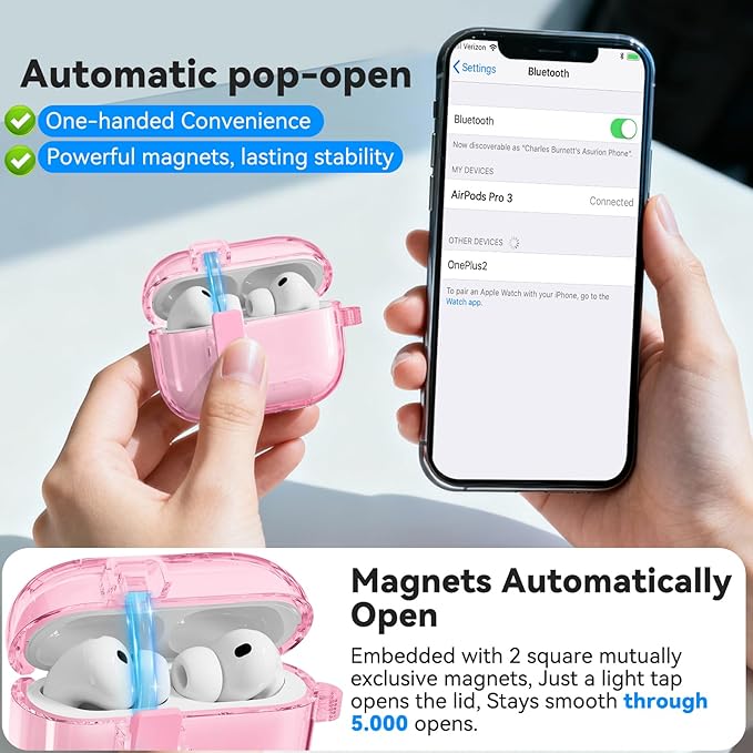 for AirPods Pro 3 Case 2025 with Phone Stand & Secure Lock, Auto-Open Clear Case Cover Compatible with Apple AirPods Pro 3rd Generation with Cleaning Kit & Keychain