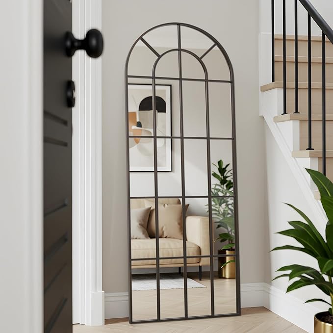 Arched Windowpane Mirror Full Length 71"x30" Wall Mounted Bronze Art Pane Farmhouse Decorative Floor Mirror Leaning Hanging Wall Mirror for Bedroom Living Room Entrance
