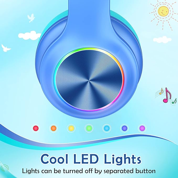 Kids Bluetooth 6.0 Headphones with LED Light, 85Hours Playtimes, Type-C Fast Charging, 85/94dB Volume Limited, Comfort Wireless Headphones with Built-in Mic, Wired & TF Card Mode, Blue