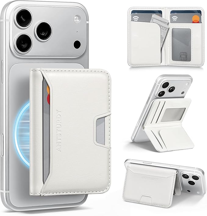 Antsturdy for Magsafe Wallet Stand with Holder,PU Leather RFID Blocking Card Holder,5 Card Slots,Strong Magnet Minimalist Flip Folio Kickstand for iPhone 17/16/15/14/13/12/Pro/Max/Plus/Air,White