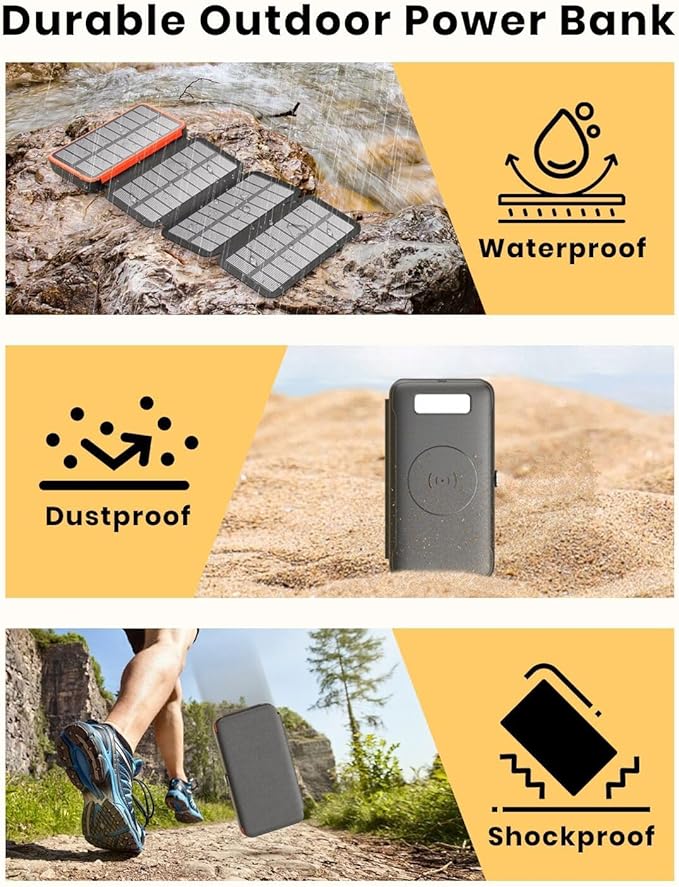 FEELLE Solar Charger Power Bank, 27000mAh Wireless Portable Charger with 4 Solar Panels, 22.5W Fast Charging External Battery Pack USB-C in/Output PD+QC 4.0 Portable Power Bank for Smartphone