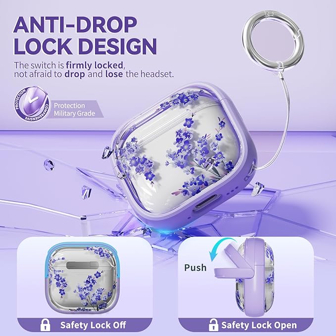 Inesore with Safety Lock for AirPods 4 Case,Clear Floral Cute AirPod 4th Generation Case for Women Girly with Cleaner Kit and Keychain- Purple Bell Flower