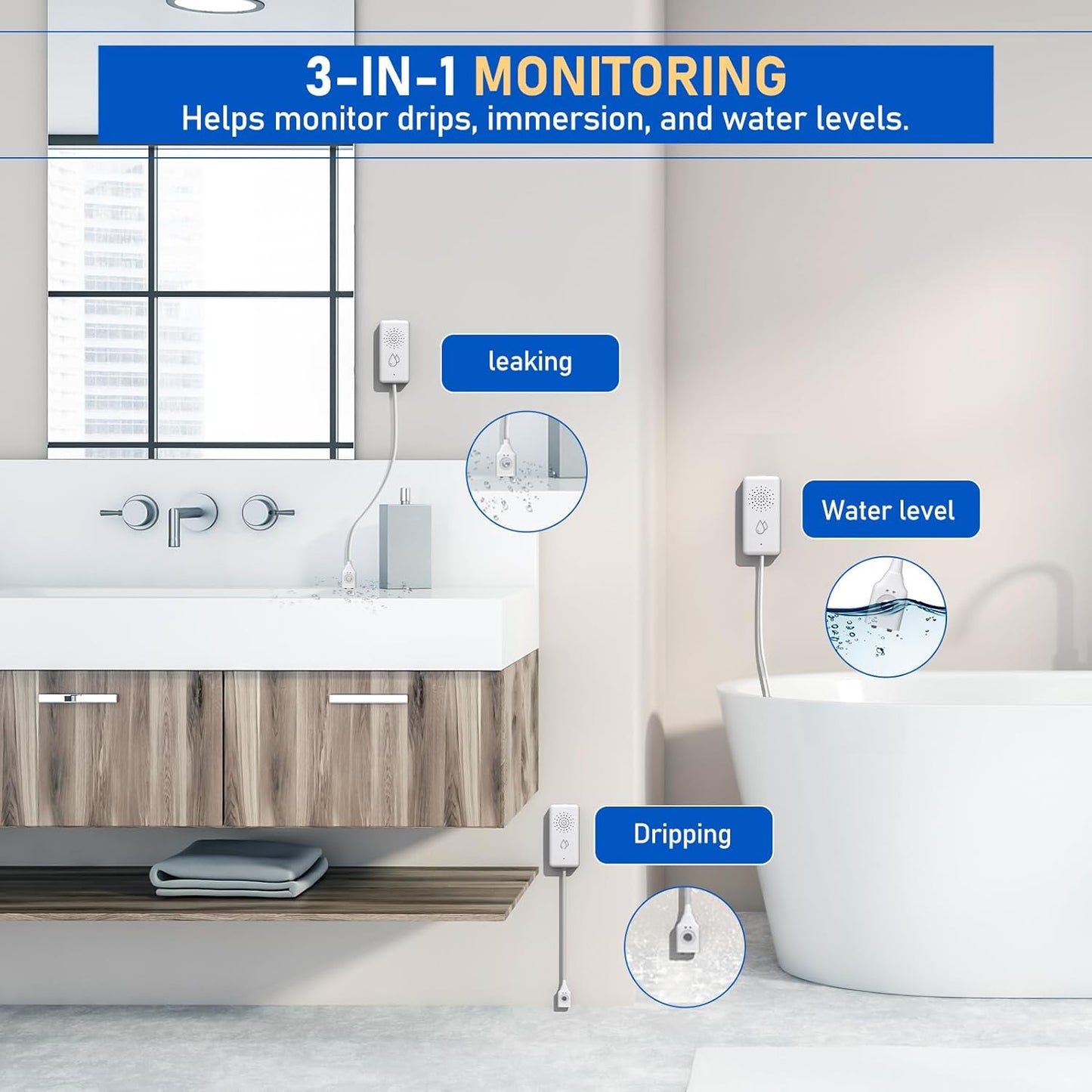WiFi Water Leak Detector with Cable – 85dB Alarm, App & SMS Alert, IP65 Waterproof, No Hub Required
