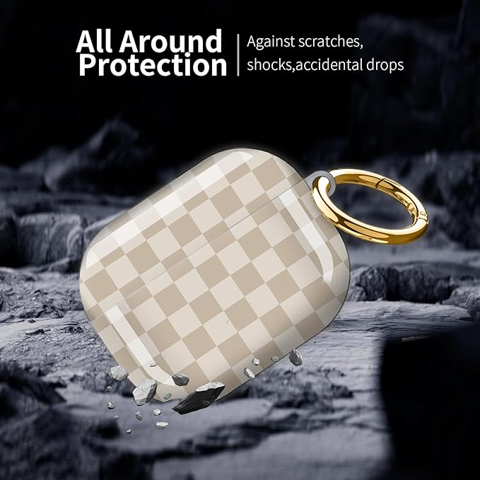 Compatible with AirPod Pro 3 (2025),Cute Case Cover for Women & Men, Full Protection Shockproof Hard Case with Keychain, Wireless Charging Case Accessories(Khaki Checkerboard)