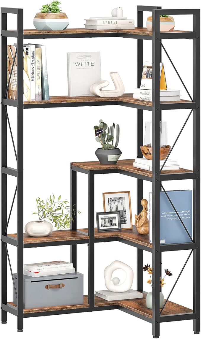 5-Tier Corner Bookshelf, 65.5'' Tall L-Shaped Bookcase, Corner Storage Stand with Metal Frame, Display Storage Rack, for Living Room, Home Office, Bedroom, Rustic Brown TSJ12BF