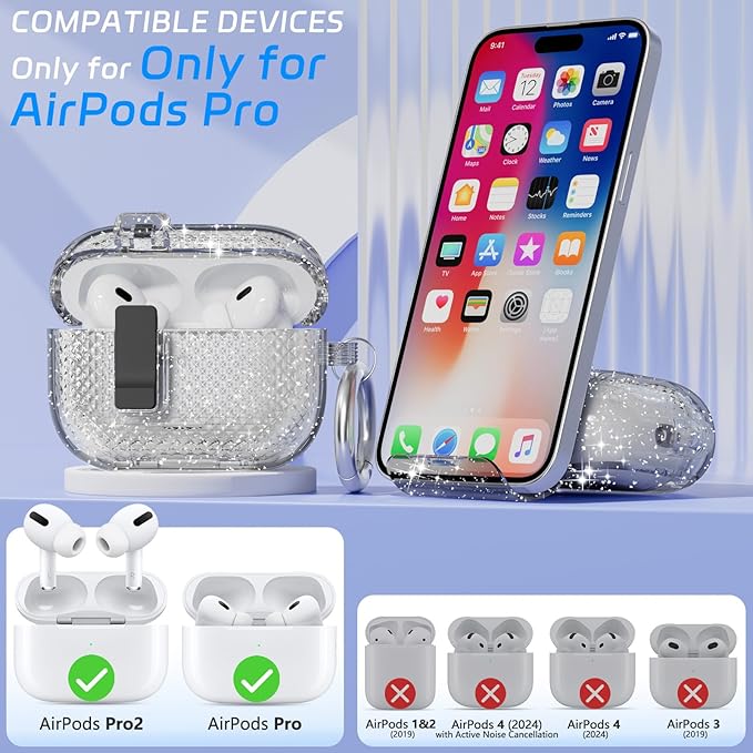 for AirPods Pro 2 Case with Phone Stand & Secure Lock, Auto-Open Clear Cover Compatible with Apple AirPods Pro 2nd/1st Gen (2023,2022,2019) with Cleaning Kit & Keychain (Shine-Clear Black)