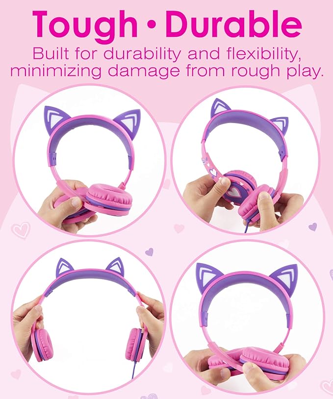 FosPower Kids Headphones with LED Cat Ears (85dB Safe Volume Limit), 3.5mm Soft On-Ear Wired Headphones with Tangle-Free Laced Cables for iPad/Tablet/School/Travel - Hot Pink/Purple