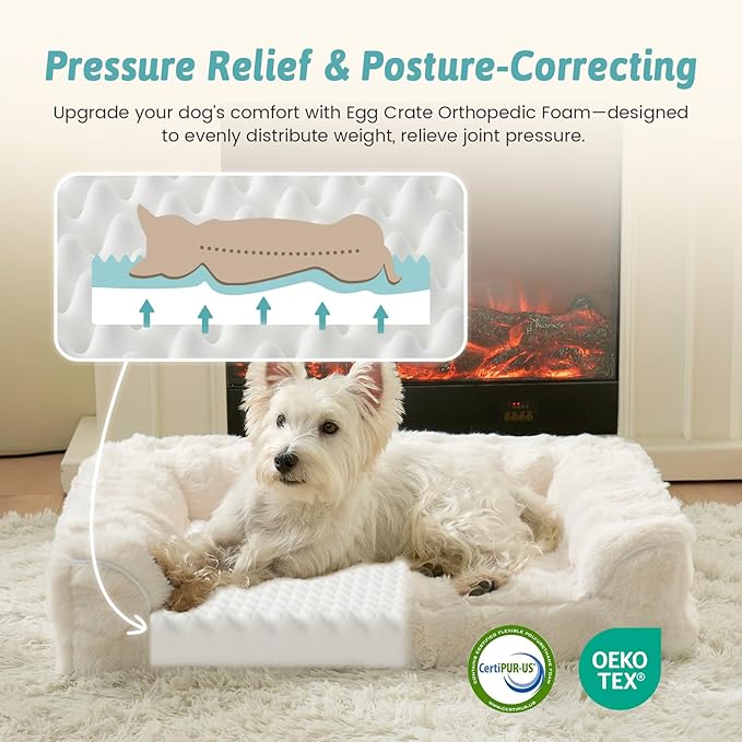 Faux Fur Orthopedic Dog Bed, Large Dog Bed, Supportive Foam Pet Sofa with Waterproof Lining Cover, Washable U-Shaped Pet Couch with Anti-Slip Bottom Design, Beige XL 42x30x7 inch