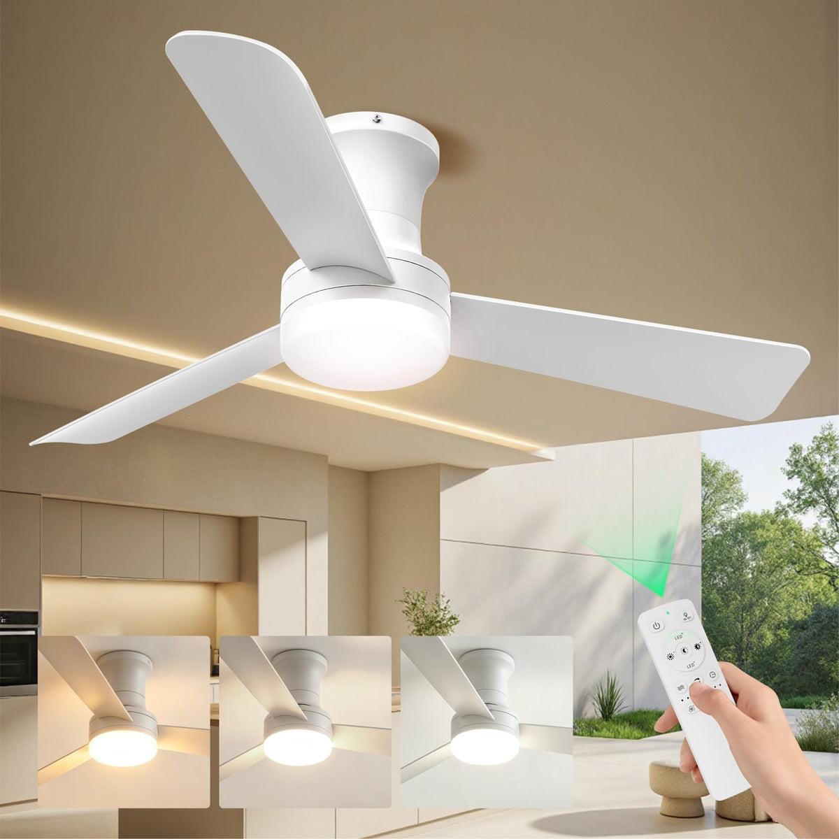 LANMEL 42 Inch White Low Profile Ceiling Fan with Light and Remote