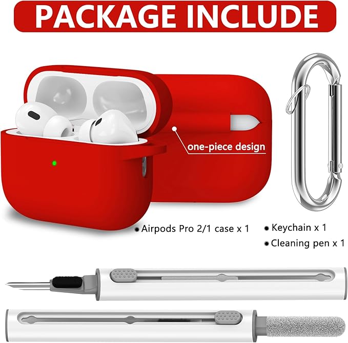 Ljusmicker for AirPods Pro Case Cover with Cleaner Kit,Soft Silicone Protective Case for Apple AirPod Pro 2nd/1st Generation Case for Women Men,AirPods Pro 2 Case Accessories with Keychain-Deep Red