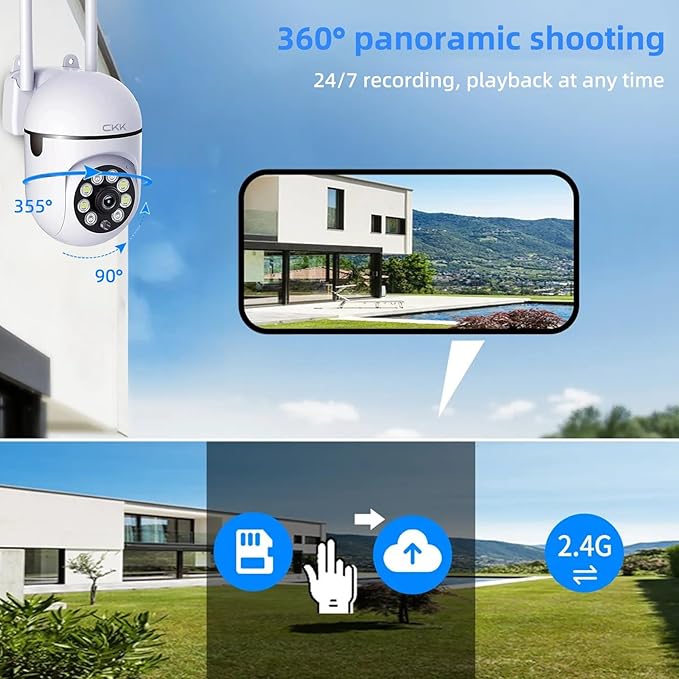 CKK 1080P Security Camera Wireless, 2 Pcs 2MP PTZ WiFi Home Camera (2.4G/5G Dual-Band), 360° Pan/Tilt, Color Night Vision, Motion Alerts, 2-Way Audio, Compatible with Alexa, SD/Cloud Storage