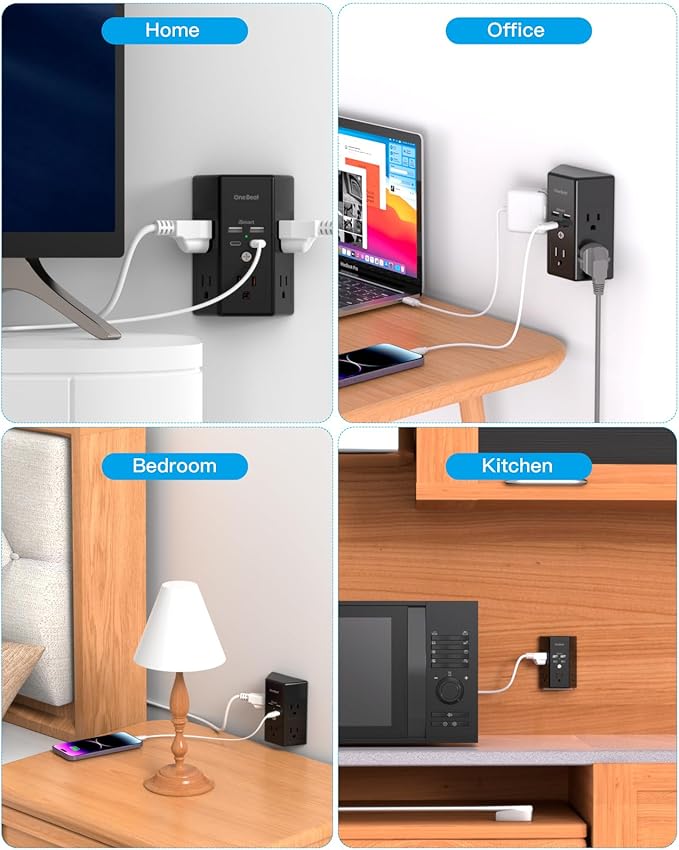 2 Pack Multi Plug Outlet, Surge Protector, 5 Outlet Extender with 4 USB Charging Ports (2 USB C), USB Wall Charger, 3-Sided 1800J Power Strip Outlets Splitter Wall Plug Adapter Spaced for Home,Black