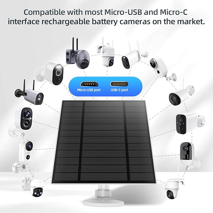 5W Solar Panel for Security Camera, Solar Panel with Micro USB & USB-C Port for DC 5V Outdoor Rechargeable Battery Camera, IP65 Waterproof, 360° Adjustable Security Mount, 9.8ft Cable(White 3PC)
