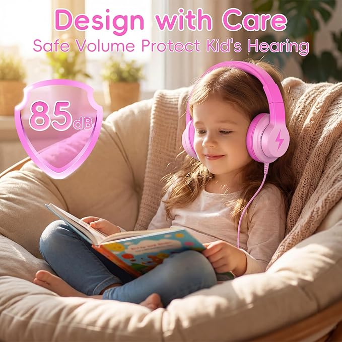 Wired USB C Kids Headphones, 85dB Safe Volume Limit, HD Stereo Sound, Adjustable Headband, Foldable Over-Ear Design for School/Travel/Boys/Girls/iPad/Tablet (Gradient Rose Pink,No Mic)