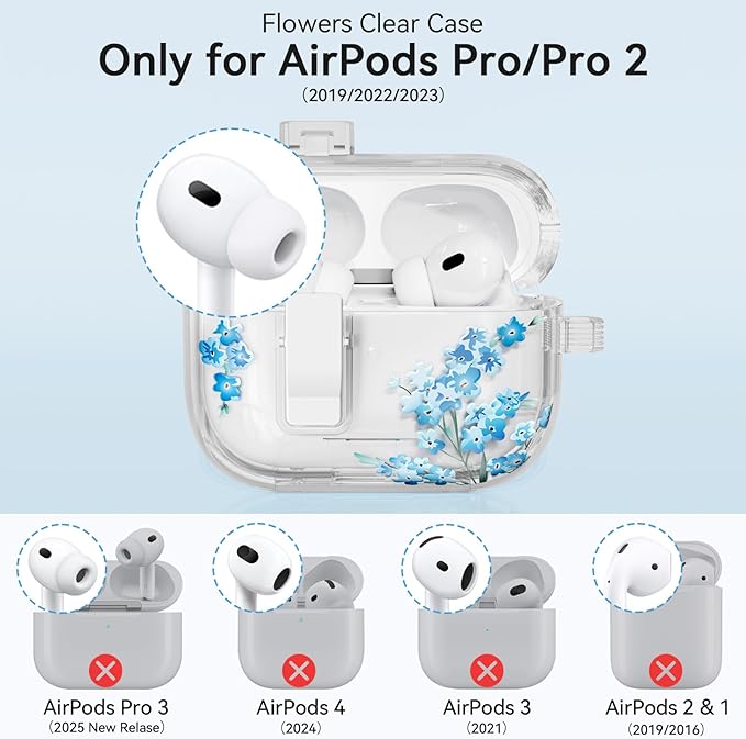 for AirPods Pro 2 Case Cute with Lock, Soft Clear Floral Case Cover for Apple AirPods Pro 2nd/1st Generation for Women Girly with Keychain Ring, with Phone Stand & Cleaning Kit -Blue Flower