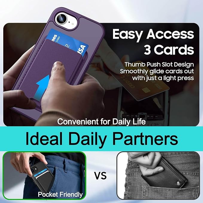 Magnetic for iPhone 17e Case & iPhone 16e Case with Detachable Wallet, Compatible with MagSafe, Military Protective Slim Phone Cover with Card Holder, Purple