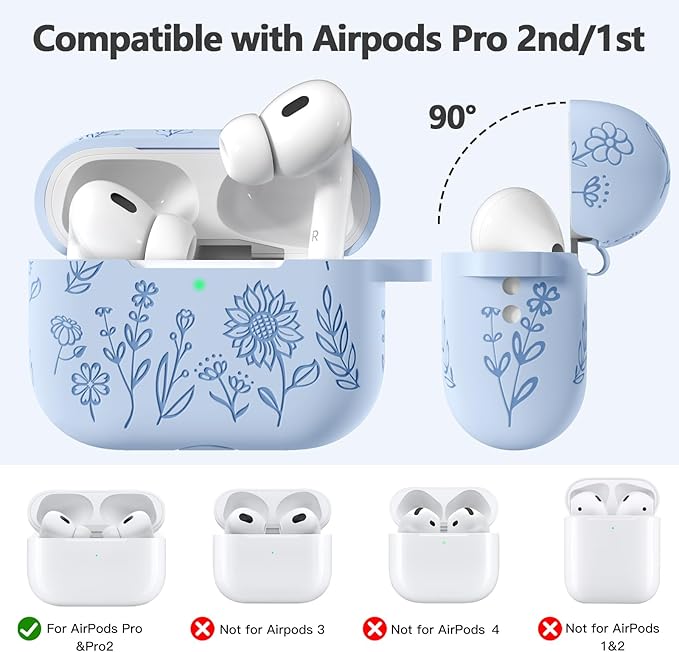 Flower Engraved Case for AirPods Pro 2 Gen with Clean Kit & Keychain, Cute Soft Silicone Protective AirPods Pro Case Cover for Apple AirPods Pro 2nd/1st Generation,Front LED Visible, Lilac